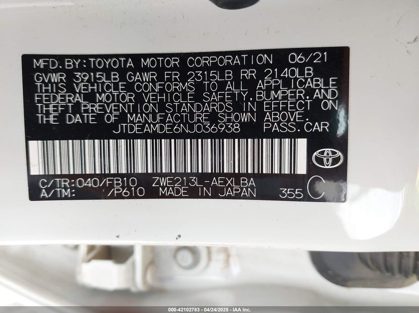2022 TOYOTA COROLLA VIN: JTDEAMDE6NJ036938