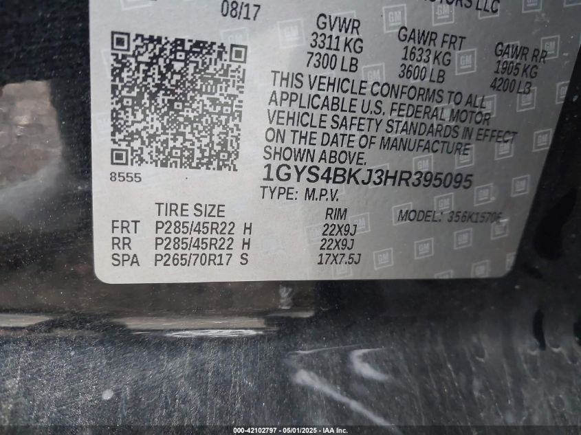 2017 Cadillac Escalade Luxury VIN: 1GYS4BKJ3HR395095 Lot: 42102797