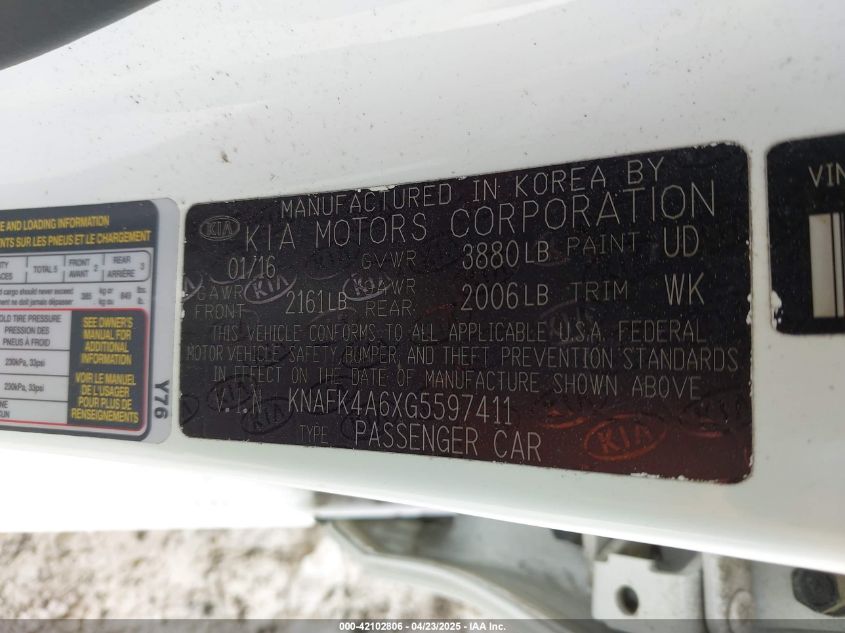 2016 Kia Forte Lx VIN: KNAFK4A6XG5597411 Lot: 42102806