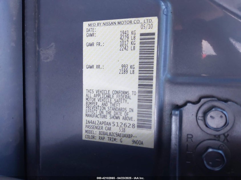 2010 NISSAN ALTIMA VIN: 1N4AL2AP0AN512628