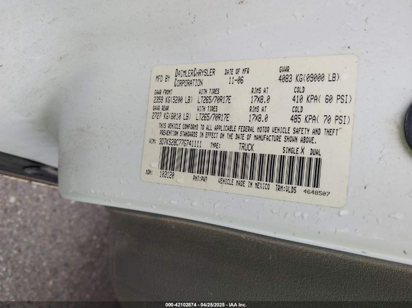 2007 Dodge Ram 2500 Laramie VIN: 3D7KS28C77G741111 Lot: 42102874