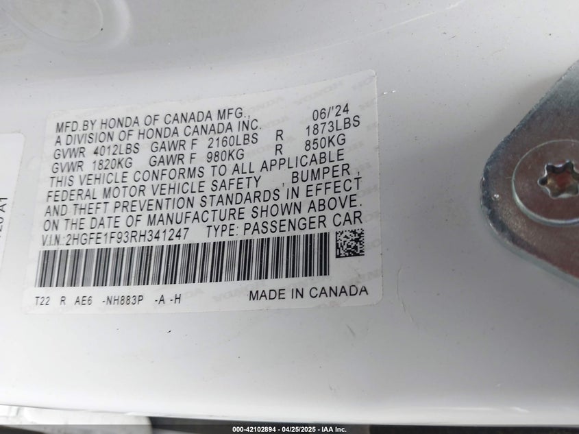 VIN 2HGFE1F93RH341247 2024 HONDA CIVIC TOURING
