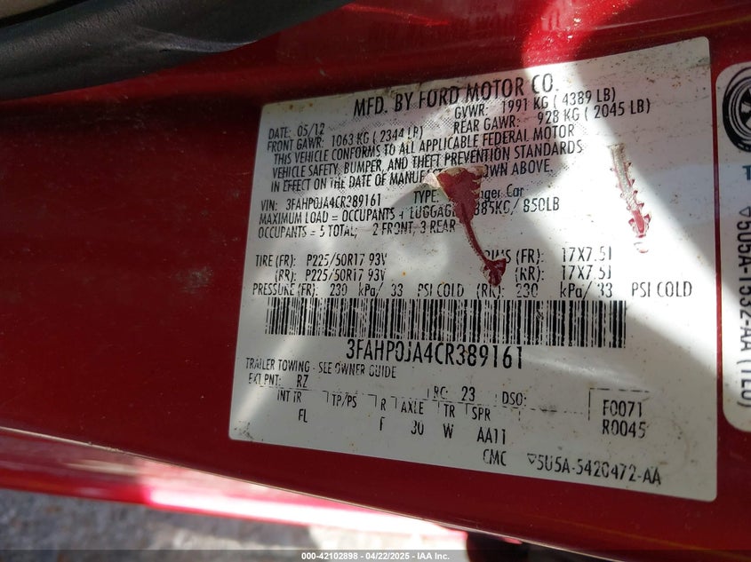2012 FORD FUSION VIN: 3FAHP0JA4CR389161