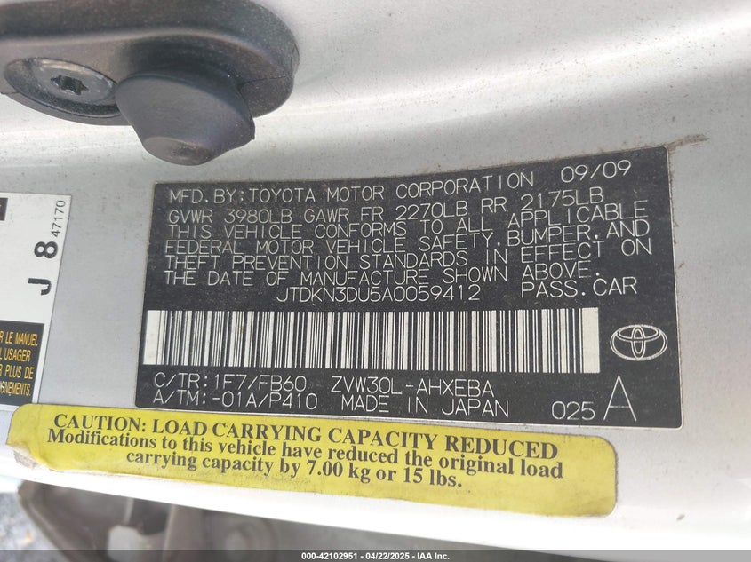 2010 TOYOTA PRIUS VIN: JTDKN3DU5A0059412
