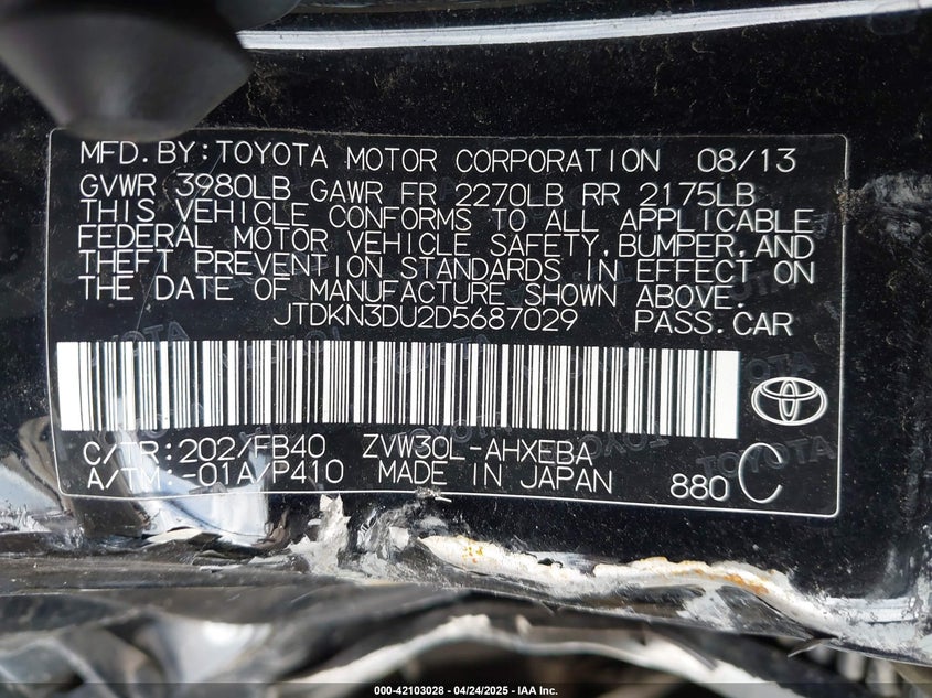 2013 TOYOTA PRIUS VIN: JTDKN3DU2D5687029