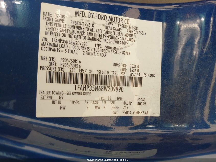 2008 Ford Focus Ses VIN: 1FAHP35N68W209990 Lot: 42103056