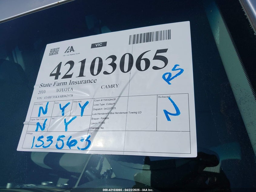 2010 TOYOTA CAMRY VIN: 4T4BF3EK4AR062578