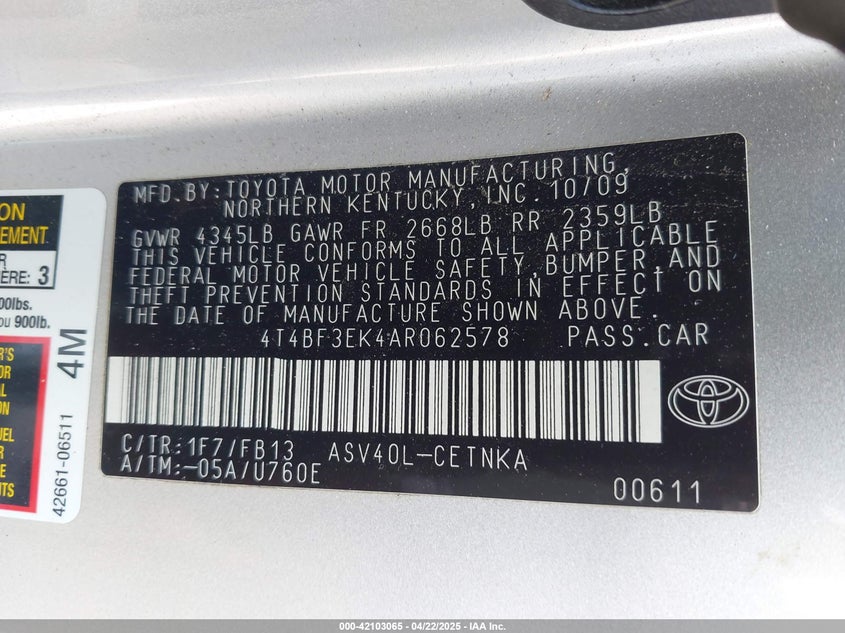 2010 TOYOTA CAMRY VIN: 4T4BF3EK4AR062578