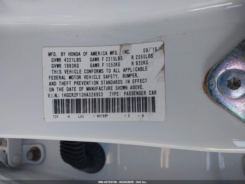 2017 HONDA ACCORD VIN: 1HGCR2F10HA028953