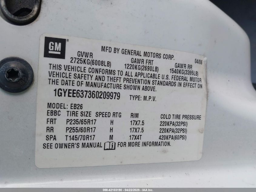 2006 Cadillac Srx V6 VIN: 1GYEE637360209979 Lot: 42103190