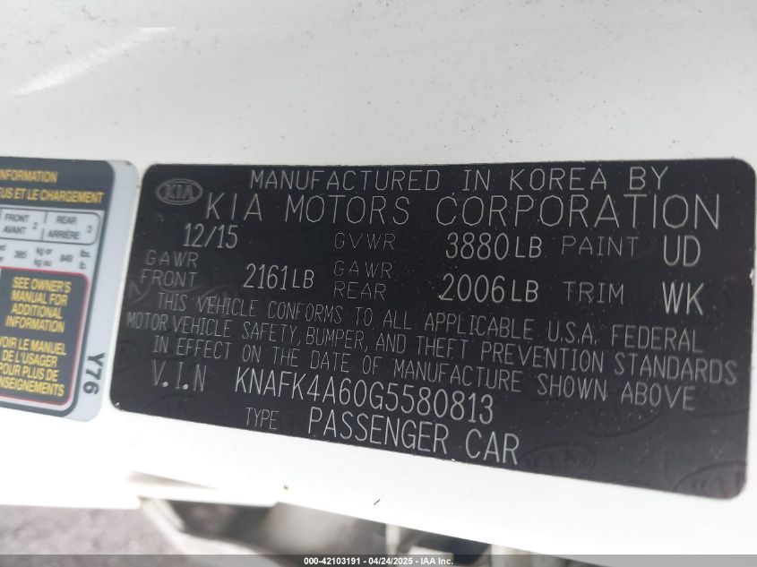 2016 Kia Forte Lx VIN: KNAFK4A60G5580813 Lot: 42103191