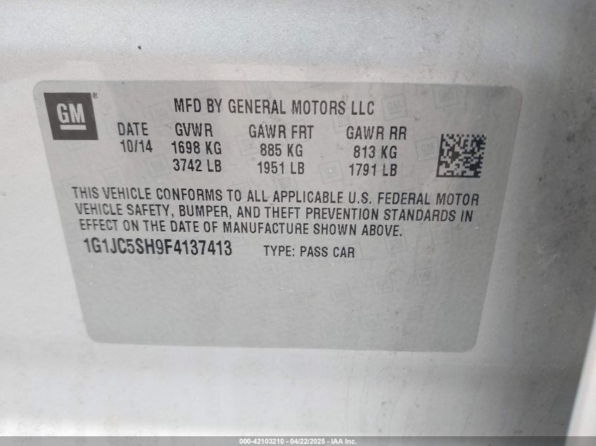 2015 Chevrolet Sonic Lt Auto VIN: 1G1JC5SH9F4137413 Lot: 42103210