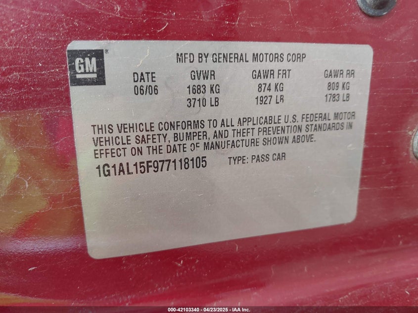 2007 CHEVROLET COBALT VIN: 1G1AL15F977118105