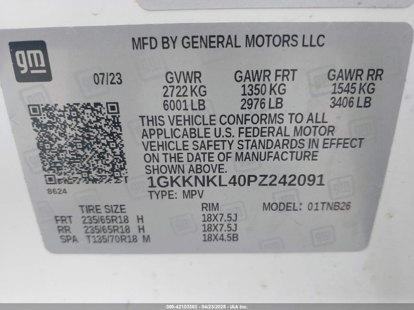 2023 GMC Acadia Fwd Sle VIN: 1GKKNKL40PZ242091 Lot: 42103383