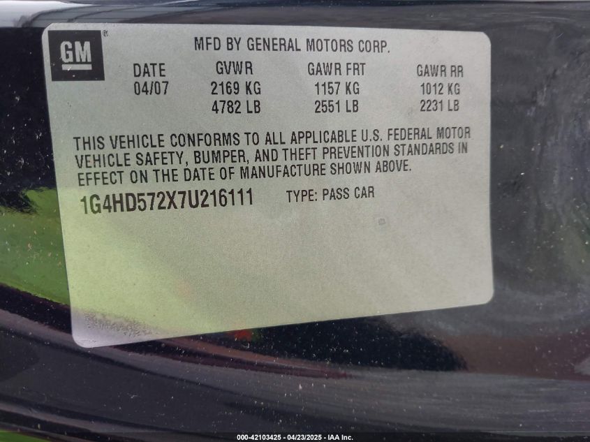 2007 Buick Lucerne Cxl VIN: 1G4HD572X7U216111 Lot: 42103425