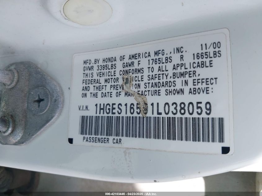 2001 Honda Civic Lx VIN: 1HGES16591L038059 Lot: 42103446