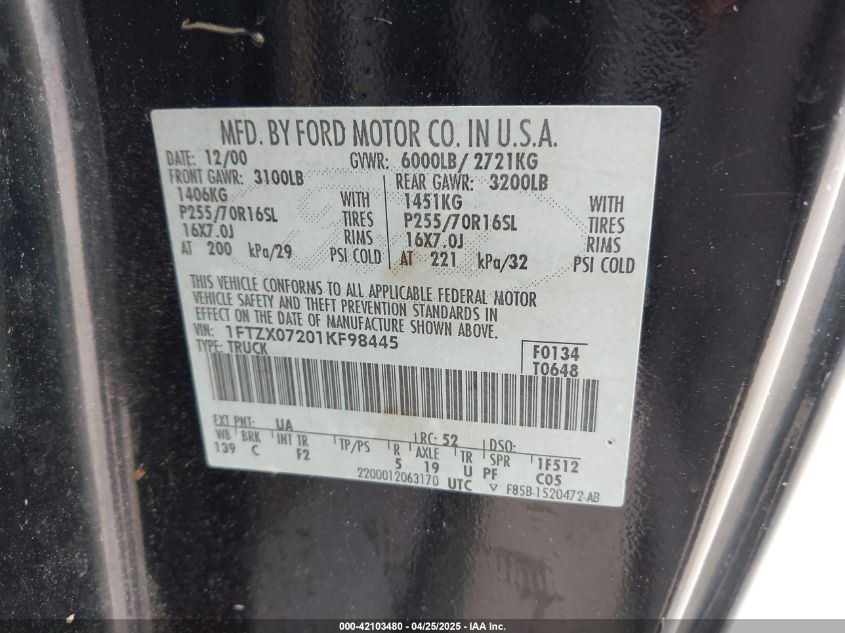 2001 Ford F150 VIN: 1FT2X07201KF98445 Lot: 42103480