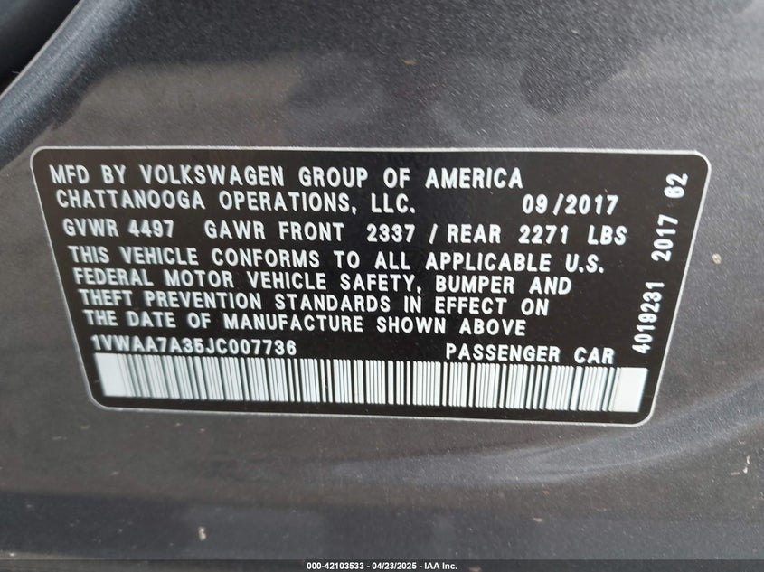 2018 VOLKSWAGEN PASSAT 2.0T R-LINE/2.0T S - 1VWAA7A35JC007736