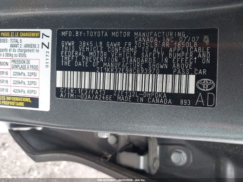 2008 Toyota Matrix VIN: 2T1KR32E98C693970 Lot: 42103597