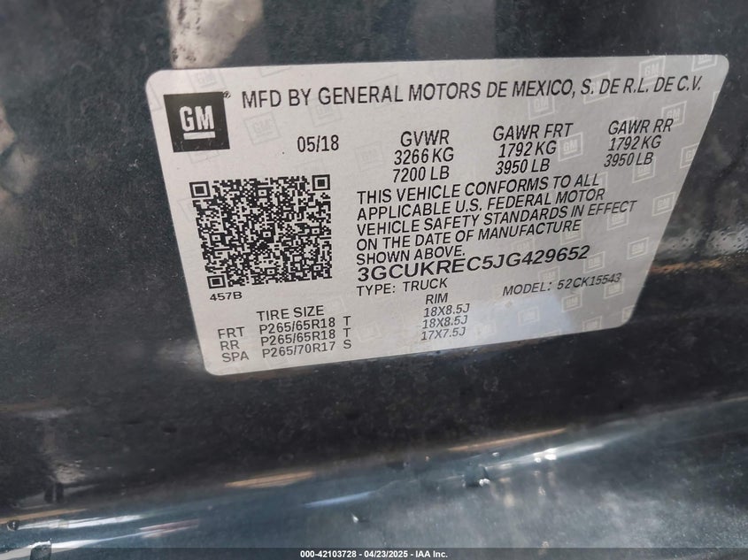 2018 CHEVROLET SILVERADO VIN: 3GCUKREC5JG429652