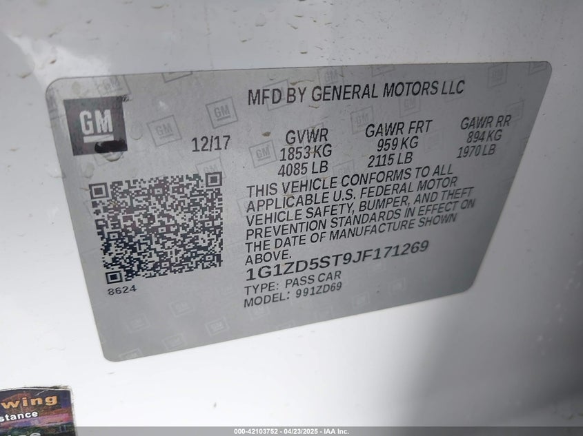 2018 CHEVROLET MALIBU VIN: 1G1ZD5ST9JF171269