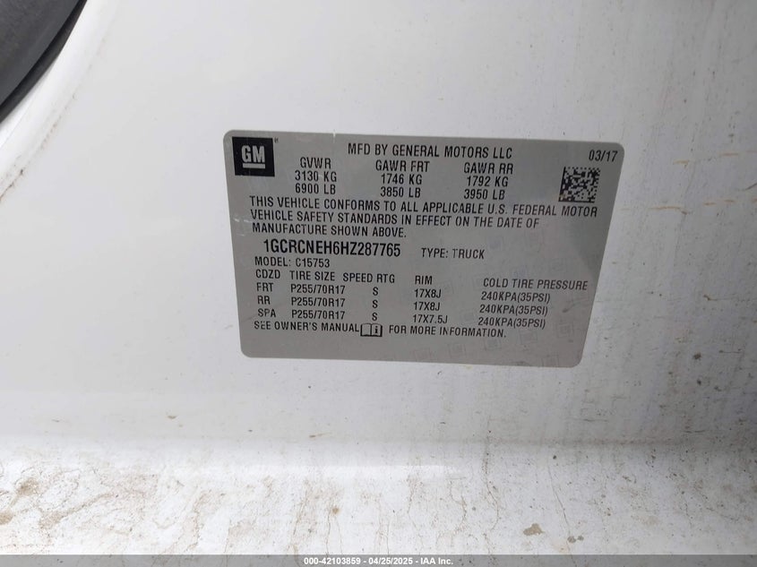 2017 CHEVROLET SILVERADO 1500 WT - 1GCRCNEH6HZ287765