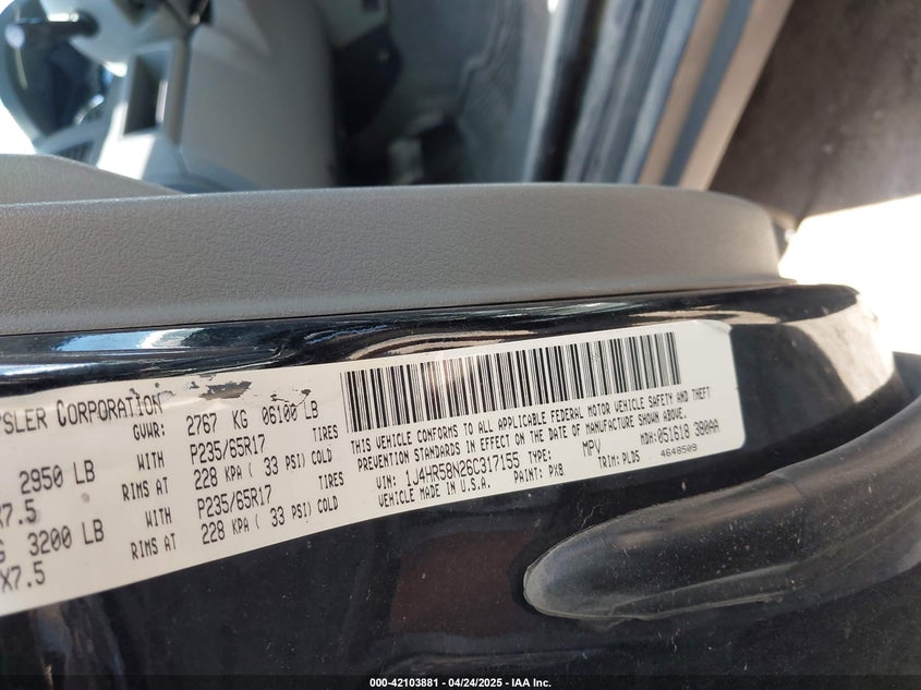 2006 JEEP GRAND CHEROKEE VIN: 1J4HR58N26C317155