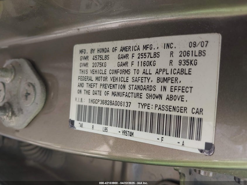 2008 HONDA ACCORD VIN: 1HGCP36828A006137