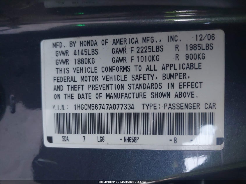 2007 HONDA ACCORD VIN: 1HGCM56747A077334