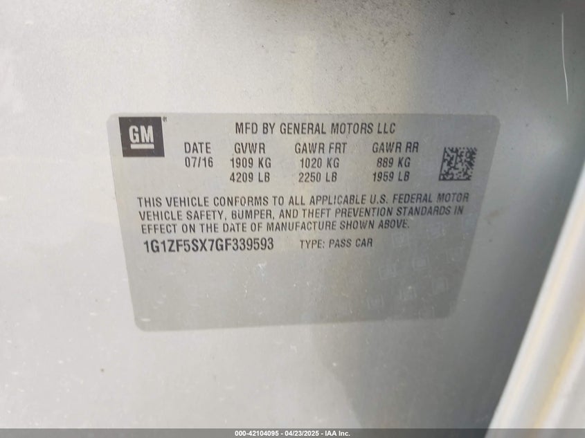 2016 CHEVROLET MALIBU VIN: 1G1ZF5SX7GF339593