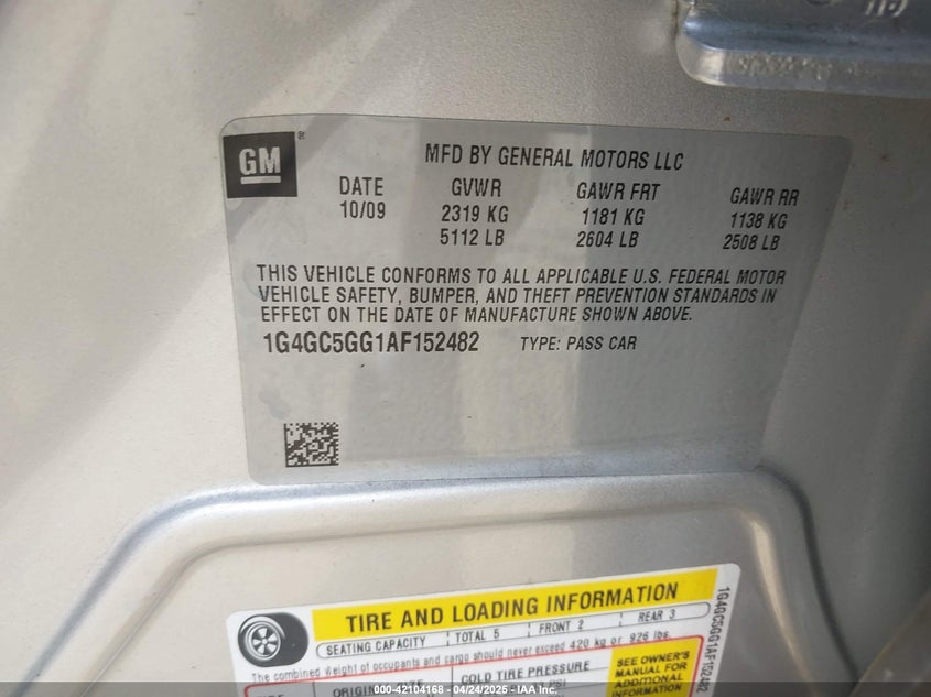 2010 BUICK LACROSSE VIN: 1G4GC5GG1AF152482