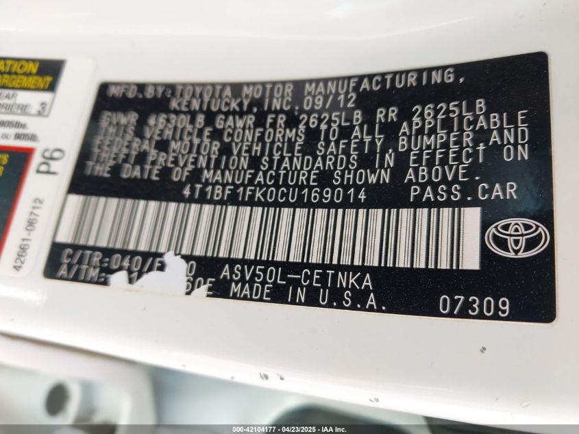 2012 Toyota Camry Se/Le/Xle VIN: 4T1BF1FK0CU169014 Lot: 42104177