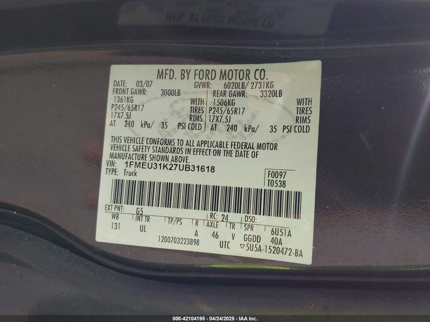 2007 FORD EXPLORER SPORT TRAC VIN: 1FMEU31K27UB31618