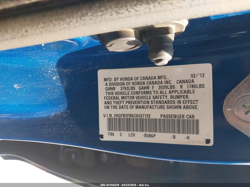 2012 HONDA CIVIC VIN: 2HGFB2F86CH551192