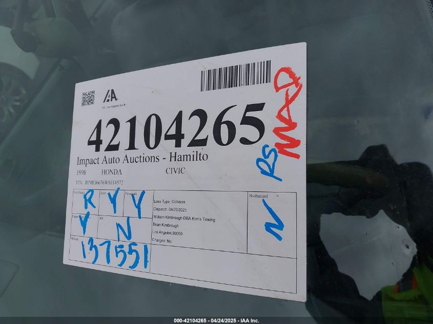 1998 Honda Civic Lx VIN: JHMEJ6676WS014572 Lot: 42104265