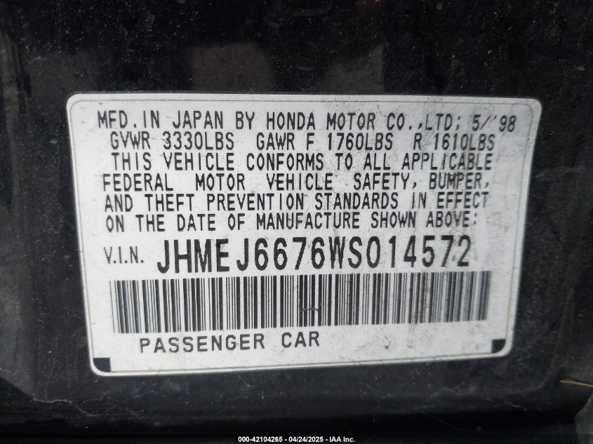 1998 Honda Civic Lx VIN: JHMEJ6676WS014572 Lot: 42104265