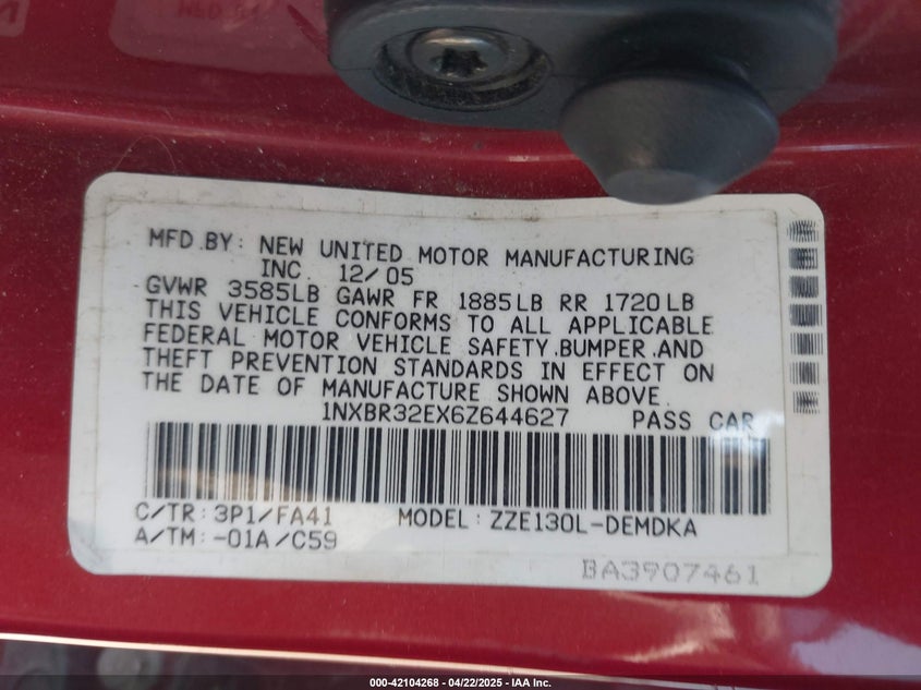 2006 TOYOTA COROLLA VIN: 1NXBR32EX6Z644627