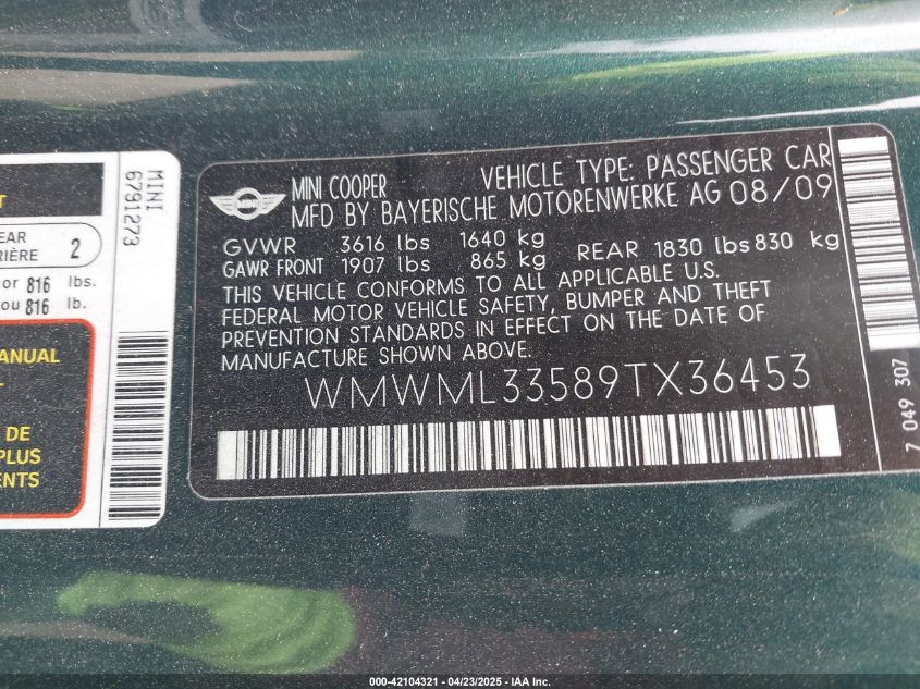 2009 Mini Cooper Clubman VIN: WMWML33589TX36453 Lot: 42104321