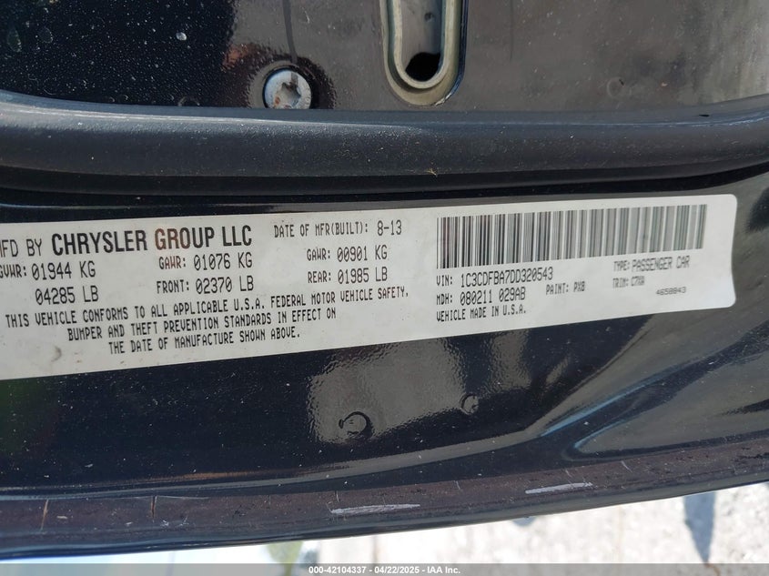 2013 DODGE DART VIN: 1C3CDFBA7DD320543