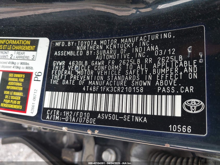 2012 TOYOTA CAMRY VIN: 4T4BF1FK3CR210158