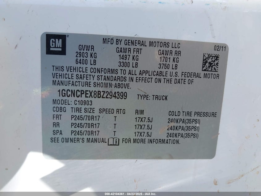 2011 CHEVROLET SILVERADO 1500 VIN: 1GCNCPEX8BZ294399