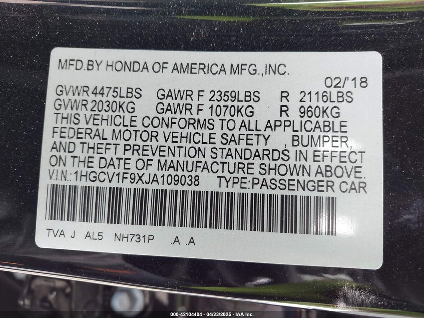 2018 HONDA ACCORD VIN: 1HGCV1F9XJA109038