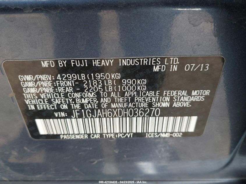 2013 Subaru Impreza 2.0I Limited VIN: JF1GJAH6XDH036270 Lot: 42104435