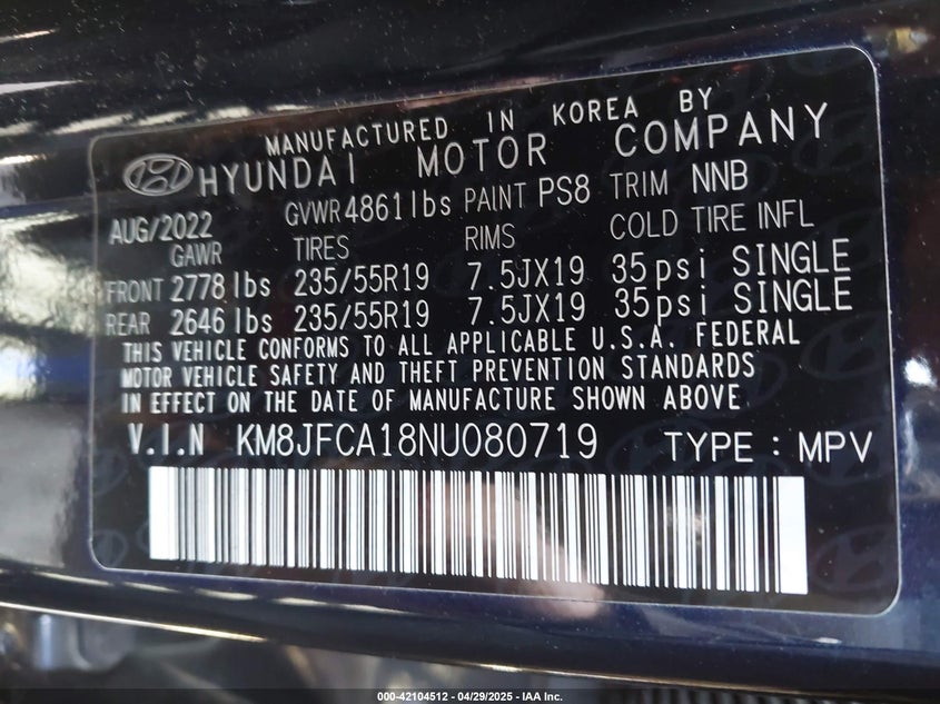 2022 Hyundai Tucson Hybrid Sel Convenience VIN: KM8JFCA18NU080719 Lot: 42104512