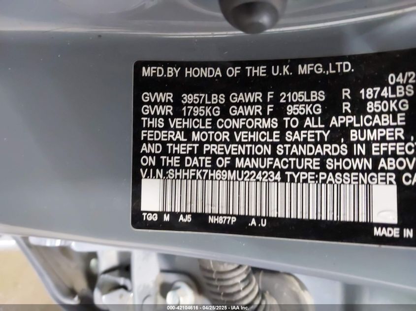 2021 Honda Civic Ex VIN: SHHFK7H69MN224234 Lot: 42104616