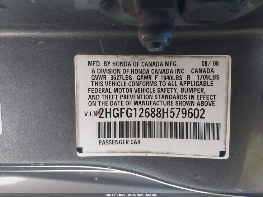 2008 HONDA CIVIC VIN: 2HGFG12688H579602