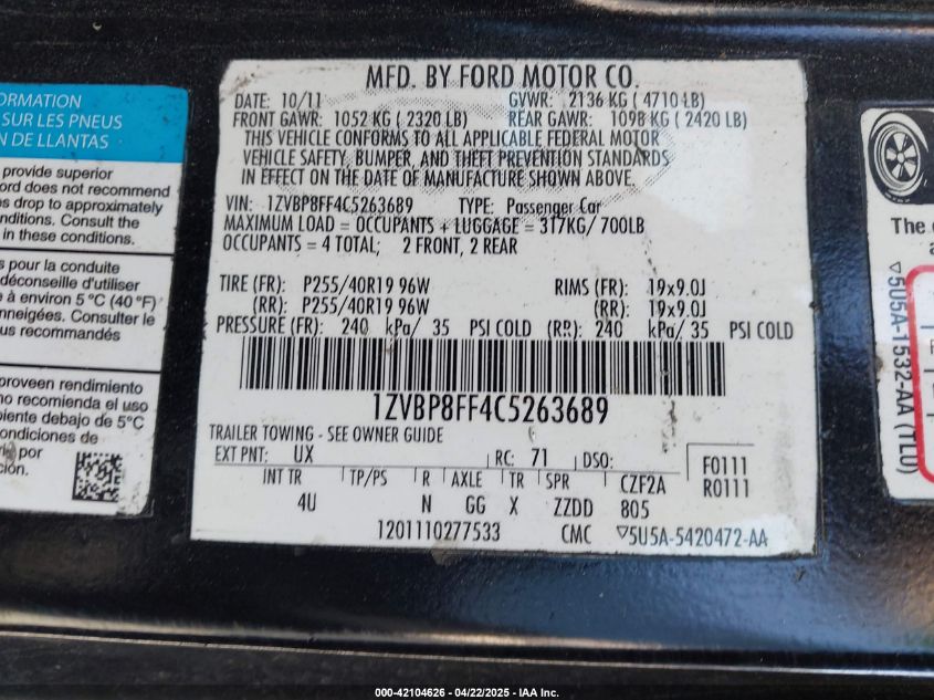 2012 Ford Mustang Gt Premium VIN: 1ZVBP8FF4C5263689 Lot: 42104626