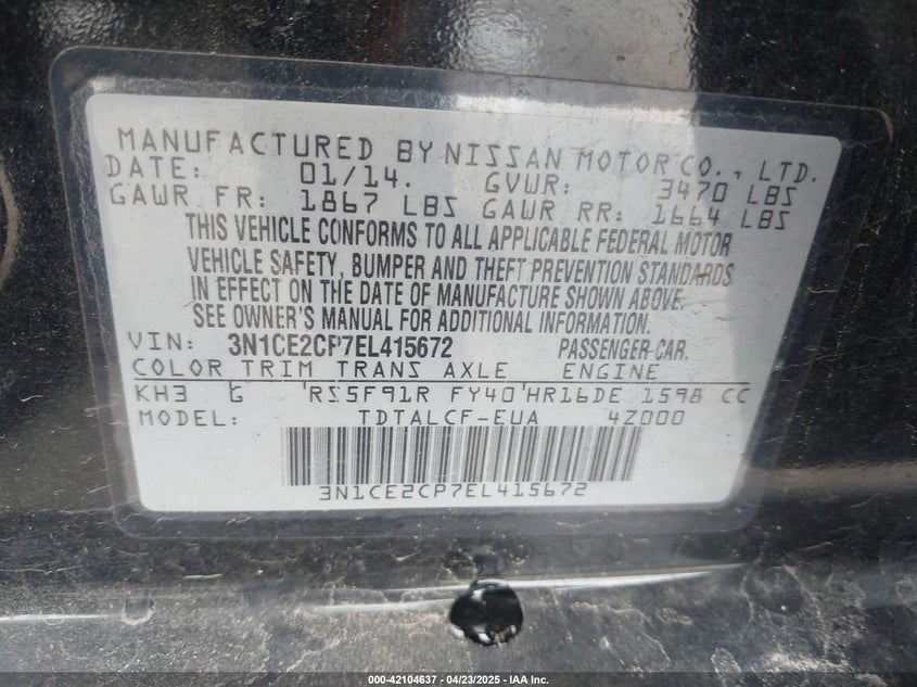 2014 NISSAN VERSA NOTE VIN: 3N1CE2CP7EL415672