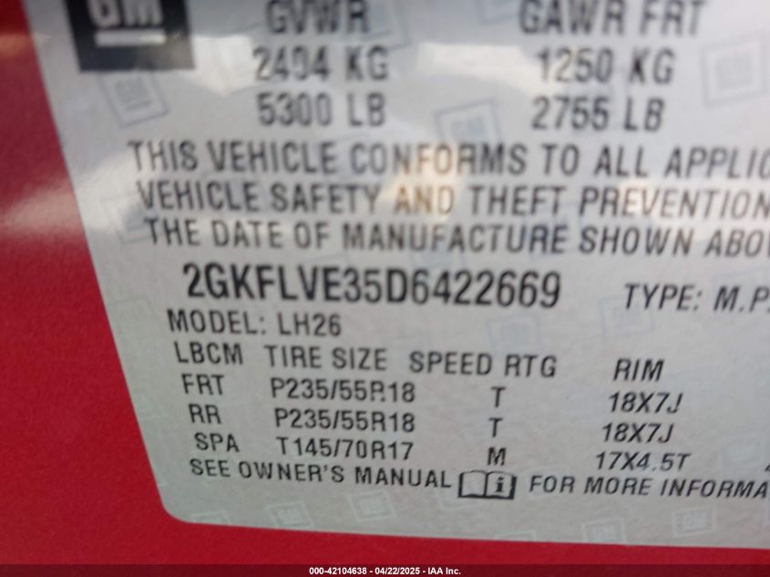 2013 GMC Terrain Slt-1 VIN: 2GKFLVE35D6422669 Lot: 42104638