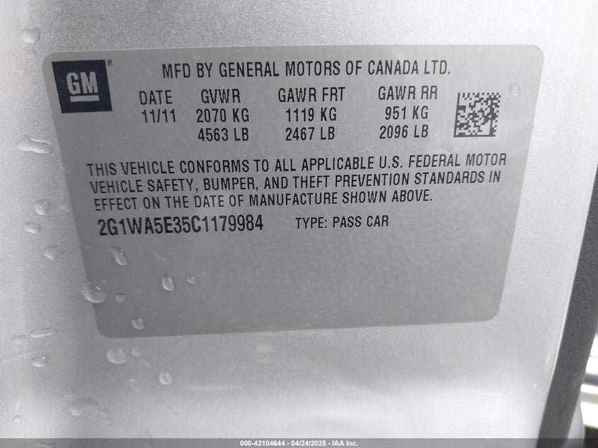 2012 CHEVROLET IMPALA VIN: 2G1WA5E35C1179984